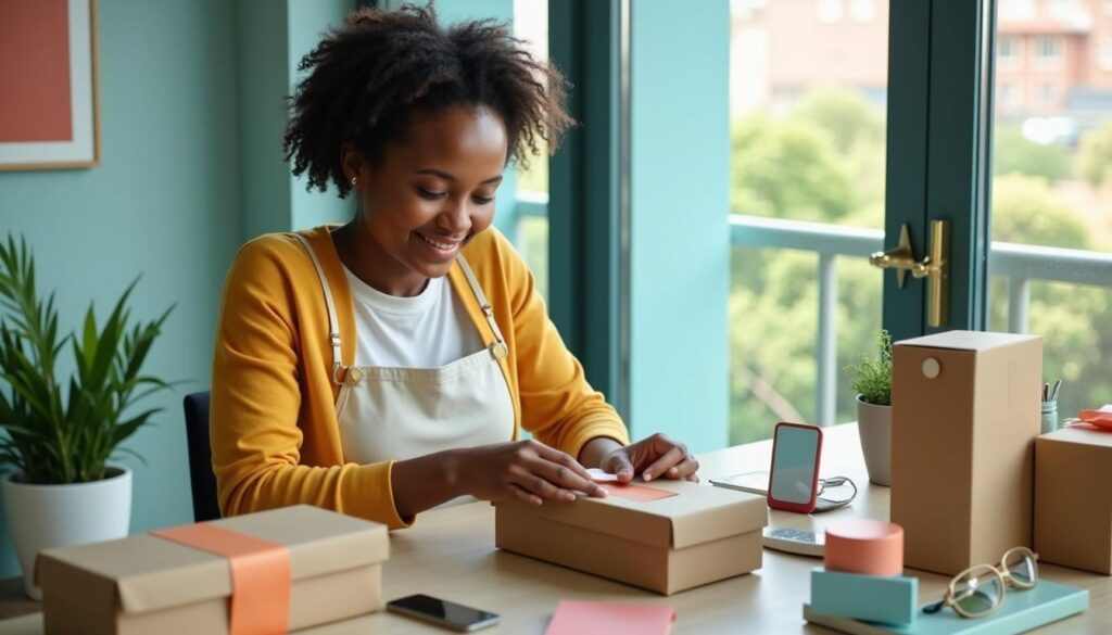 Entrepreneur fulfilling e-commerce orders from home with neatly arranged inventory