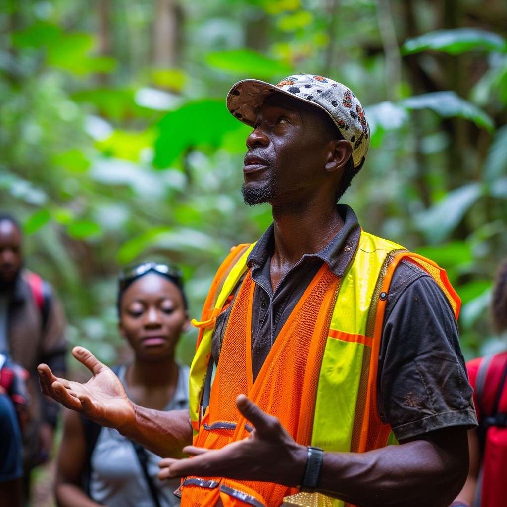 Tour guide introducing cultural landmark to a group of tourists