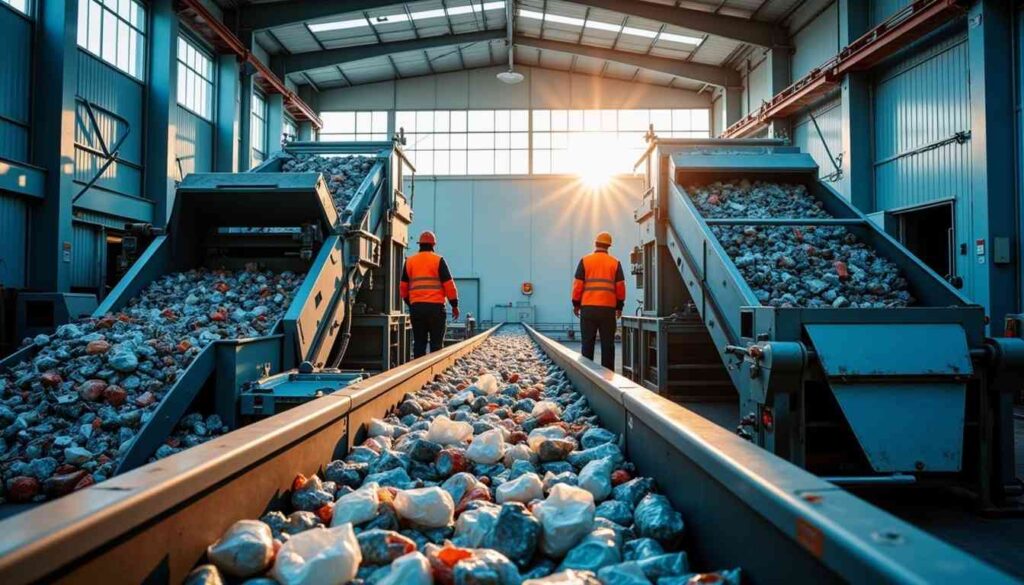Entrepreneur managing a small-scale plastic recycling operation with staff