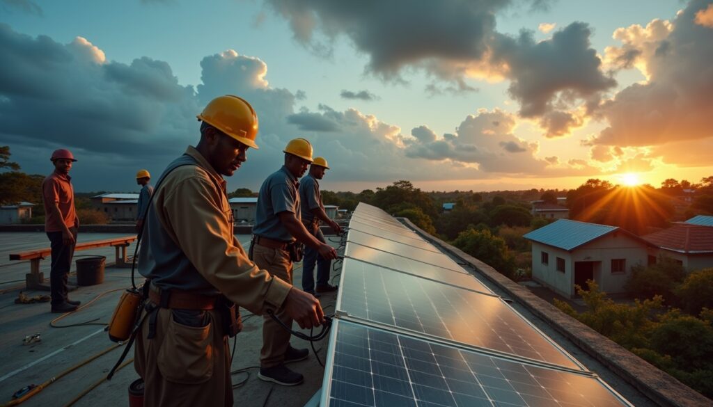 Technician installing solar panel on rooftop of Nigerian home